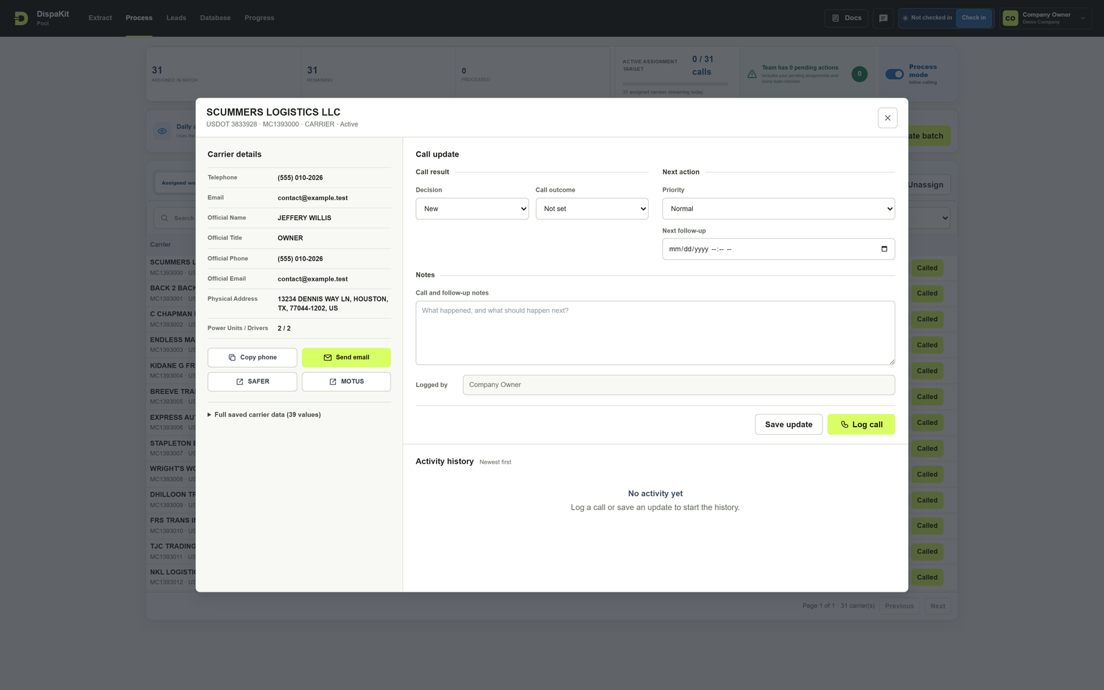 DispaKit Carrier Workflow showing carrier details, call update fields, notes, and activity history