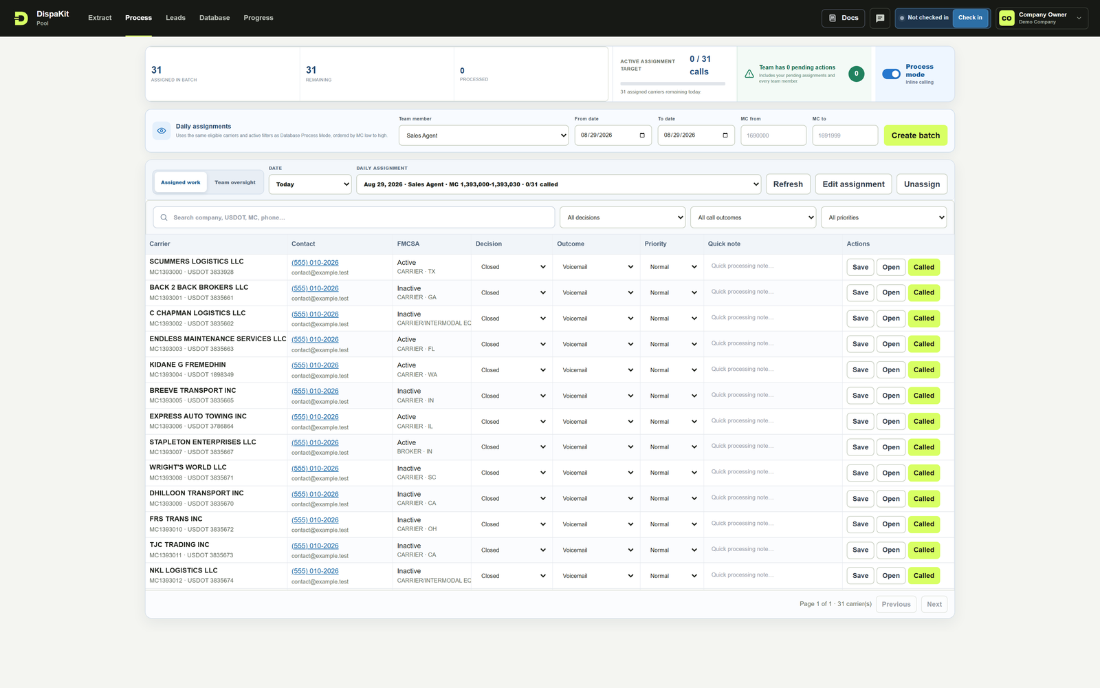DispaKit Process Mode with an assigned 31-carrier MC batch and inline calling controls
